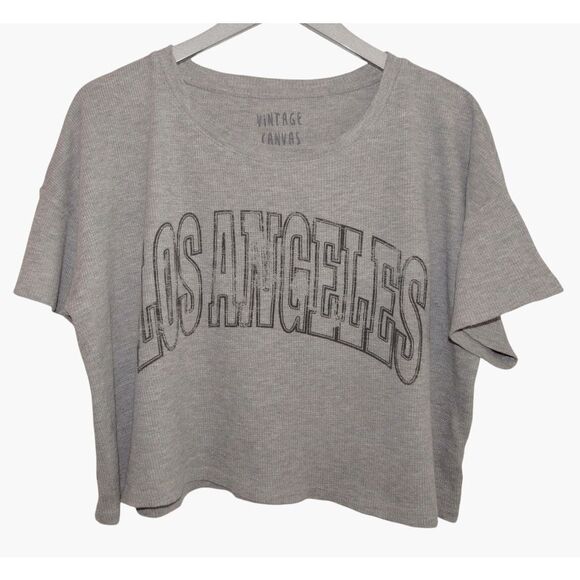 Vintage Canvas Gray Waffle Thermal Boxy Crop Los Angeles T-Shirt M - Picture 1 of 3